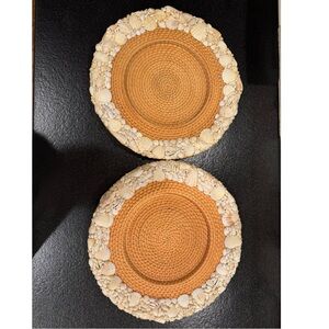 Pottery Barn set (2) Sea Shell rimmed 15” rattan chargers Beach Handwoven